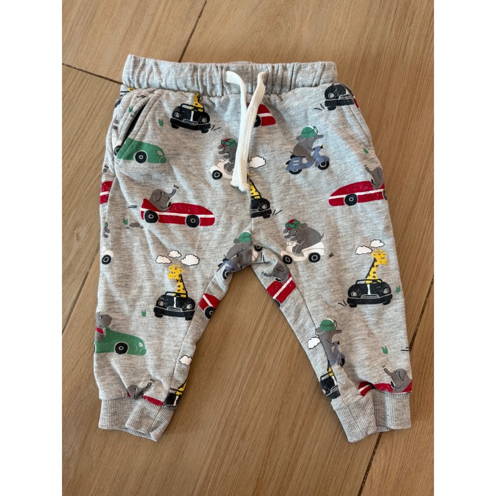 H&M Baby Boys Gray Animal Car Print Jogger Sweatpants 6-9M Drawstring Fleece